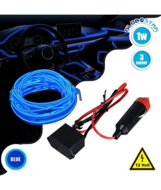 GloboStar® 82205 TUBE 360° Degree Διακοσμητική EL-Wire Neon Αυτοκινήτου Κορδόνι ΣΕΤ 3m 1W-3m 30lm-m 360° DC 12V με Βύσμα Αναπτήρα Αυτοκινήτου Αδιάβροχη IP68 Μπλε